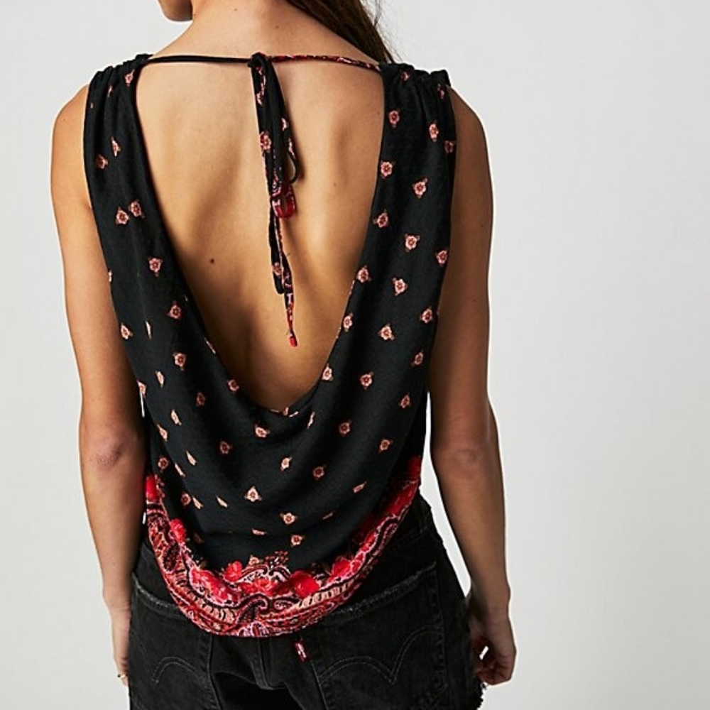 Free People Black Tank Top with Red Paisley Design
